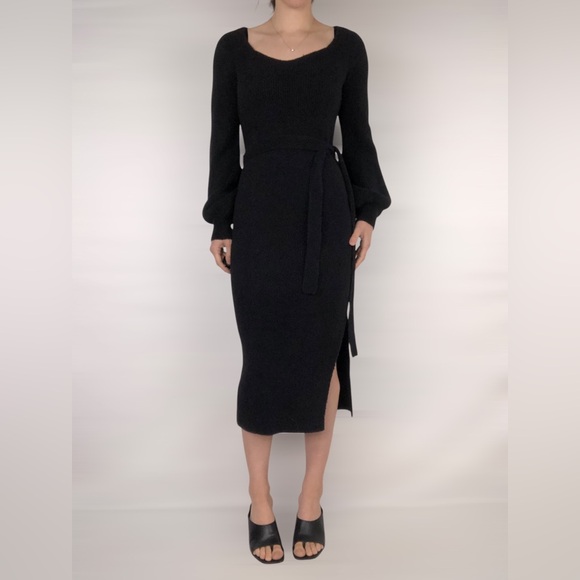 NWT‎ Lulus Windy Days Black Knit Sweater Dress Side Slit Midi Soft Size M - Picture 1 of 8